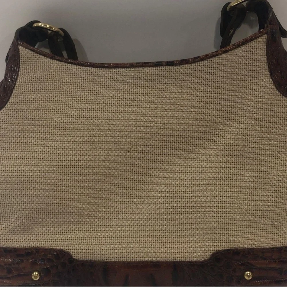 Women’s Brahmin Canvas Melbourne Trim Satchel Shoulder Tan/Brown Bag